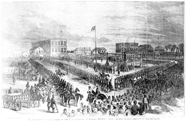 Sioux-intiaanien teloitus Yhdysvaltain viranomaisten toimesta Mankatossa, Minnesotassa perjantaina 26. joulukuuta 1862, Frank Leslies Illustrated Newspaper, 24. tammikuuta 1863